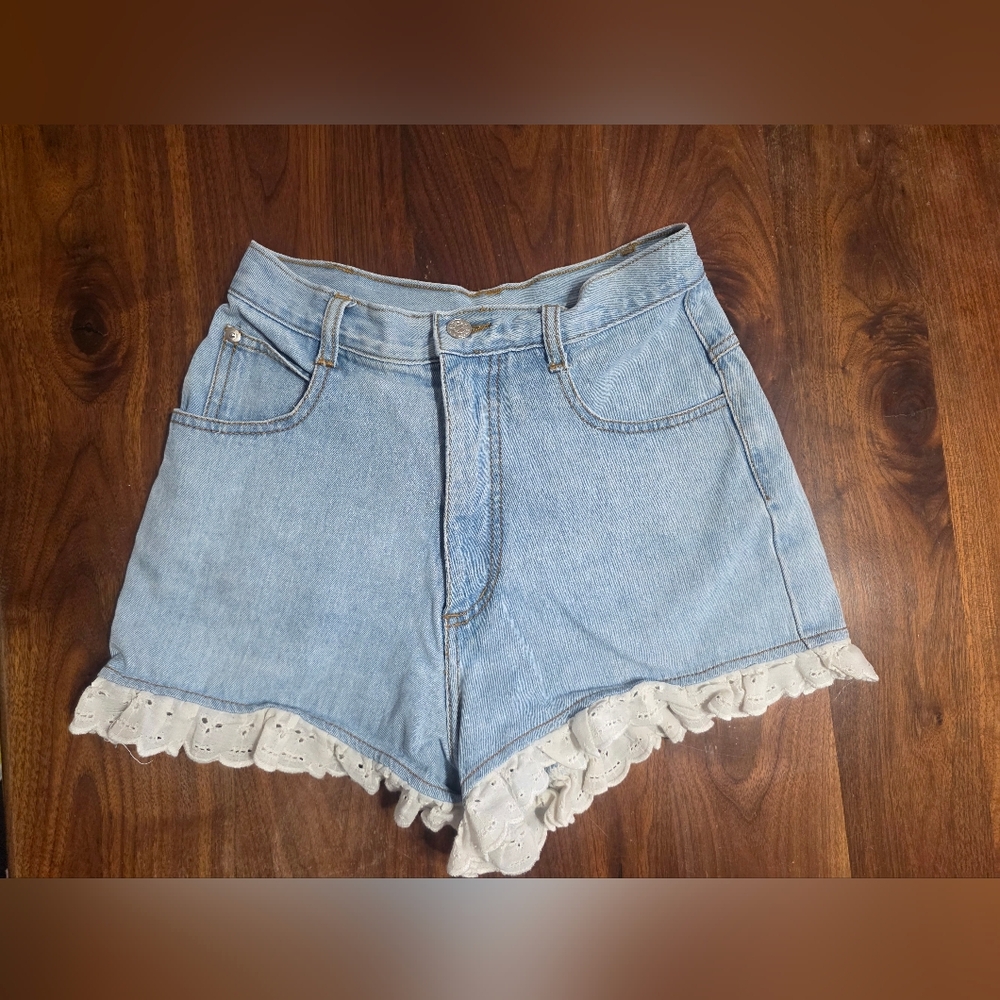 Chic Light Blue Denim Shorts with Lace Detail